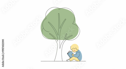 Blonde woman sitting under tree.
