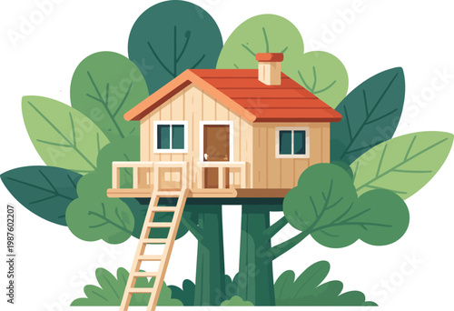 Wooden treehouse vector illustration, cozy forest cabin with ladder and red roof, rustic garden playhouse on white