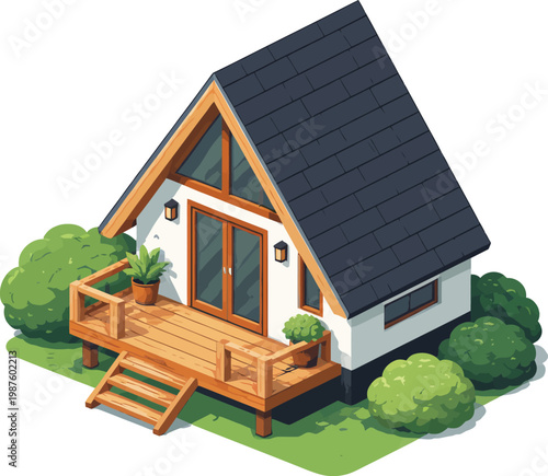 Isometric modern cabin vector, tiny house with wooden deck and garden, cozy a-frame cottage for vacation rental app