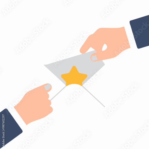 Hand giving a star award to another hand, recognizing achievement and success.