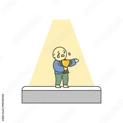 Sad person on podium with trophy, crying under spotlight