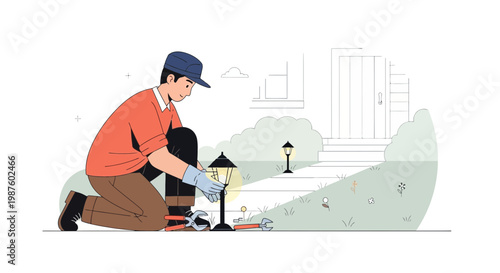 Gardener tending to outdoor lamp, lawn care, residential exterior, spring maintenance