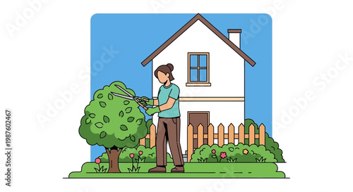 Gardener Pruning Tree in Front of House, Spring Gardening, Outdoor Home Maintenance