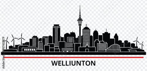 Black silhouette of wellington city skyline with wind turbines and red line
