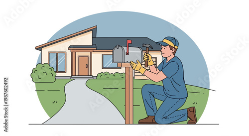 Handyman installing a mailbox on a wooden post in front of a suburban house
