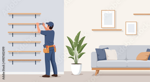 Handyman installing shelves on wall, home renovation, interior design, DIY concept
