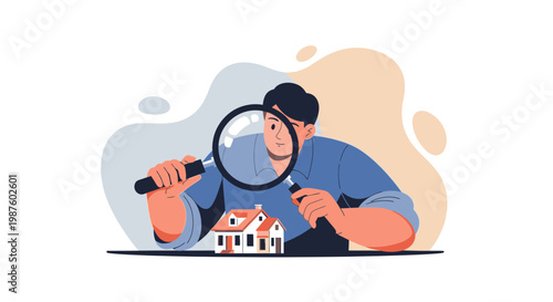 Magnifying glass inspecting small house model, real estate inspection, home search concept