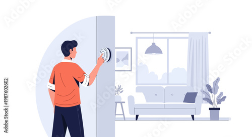 Man Adjusting Smart Thermostat in Modern Living Room, Home Automation Concept