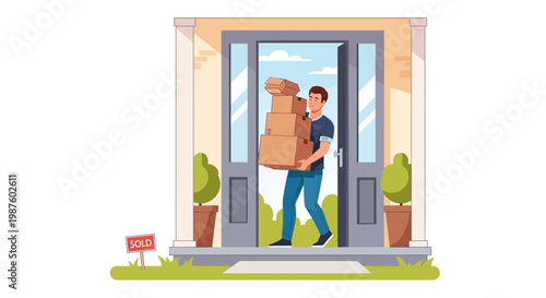 Man Carrying Boxes Out of House with Sold Sign - Moving Out or Selling Home Concept