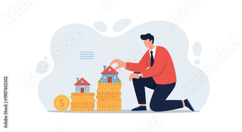 Man building house on stack of coins, real estate investment, financial growth concept