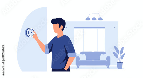 Man adjusting smart thermostat in modern living room, home automation concept