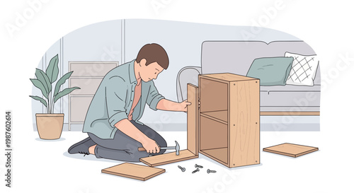Man assembling flat-pack furniture at home, DIY project, home improvement concept