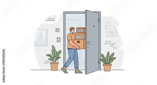 Man Carrying Boxes into New Home, Moving Day Concept