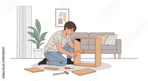 Man assembling flat-pack furniture at home, DIY project, home improvement