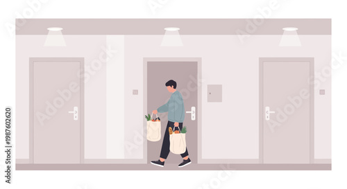 Man carrying grocery bags walking down apartment hallway towards door