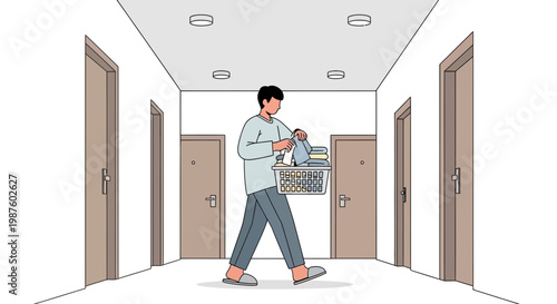 Man carrying groceries in a shopping basket down a hallway with apartment doors
