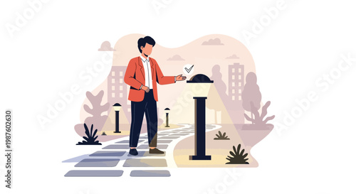 Man casts vote in ballot box on city street, civic duty, election concept