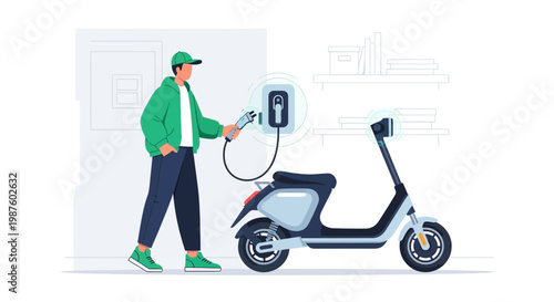 Man charging electric scooter at home, sustainable urban transport and eco-friendly lifestyle concept