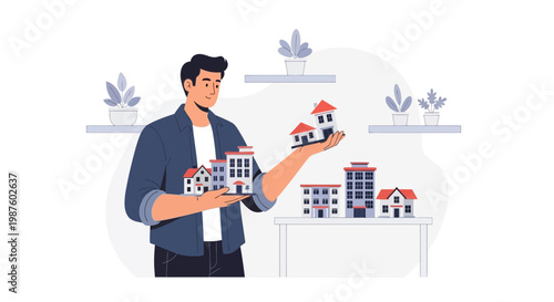Man choosing between different house models, real estate investment concept