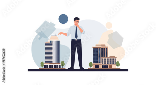Man choosing between two office buildings, career decision, business strategy, real estate choice