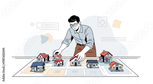 Man choosing house model on blueprint, real estate investment, urban planning concept