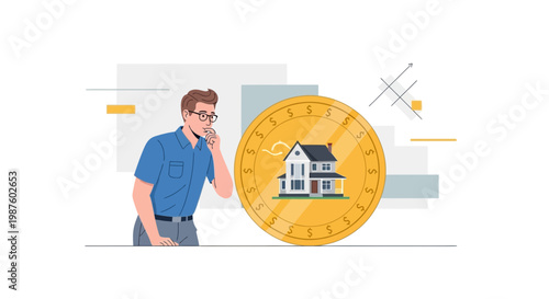 Man contemplating house on a giant coin, real estate investment concept