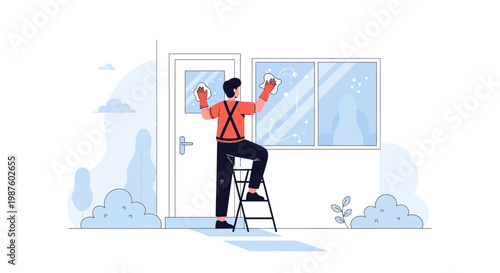 Man cleaning windows on ladder, professional house washing service, sparkling clean glass