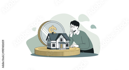 Man contemplating house on coin, real estate investment concept