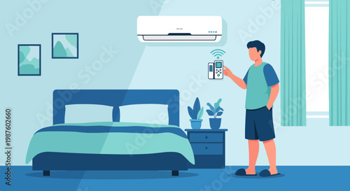Man controlling air conditioner with remote in bedroom for comfort and cool temperature