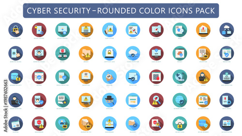 Cyber Security rounded color icons pack. contain access control, biometric, privacy, certificate, database, protection, defense and more. Icon button for UI or UX kit, web and app development.