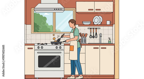 Man cooking in a modern kitchen, preparing food on a stove with fresh ingredients.