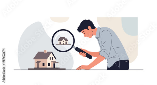 Man examining a house model with a magnifying glass, real estate search concept