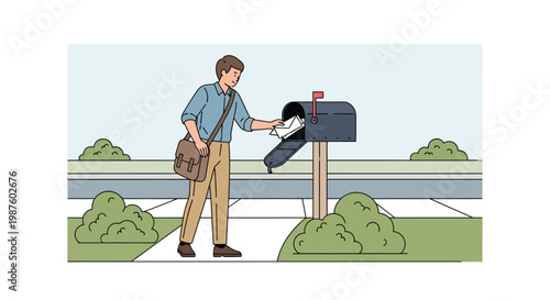 Man delivering mail to mailbox on suburban street with bushes and sidewalk