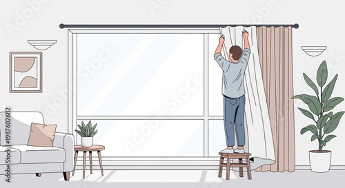 Man hanging curtains on a large window in a bright living room, home decor concept