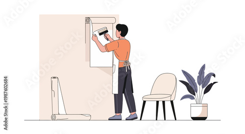 Man hanging wallpaper, interior renovation, home decor DIY project, applying new wall covering