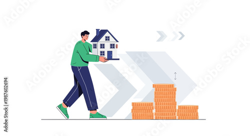Man holding house near stack of coins, symbolizing real estate investment and financial growth