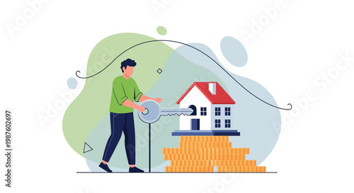 Man holding key to house on stack of coins, real estate investment concept