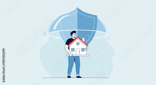 Man Holding House Under Protective Shield, Home Insurance Concept