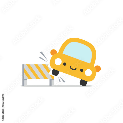 Cute Yellow Car Crashes Into Barrier, Cartoon Style