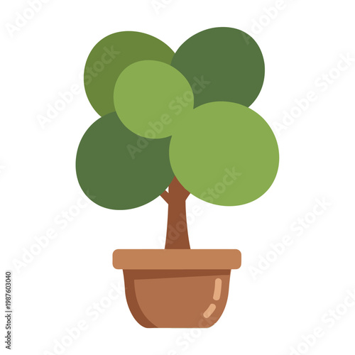 Flat design potted tree with green leaves and brown pot, isolated on white background.