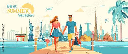 A young couple walking on a pier, with historical and famous landmarks in the background – a travel concept. Social media website vector banner design.