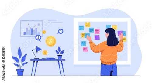Businesswoman planning strategy on a colorful sticky notes board, financial growth concept