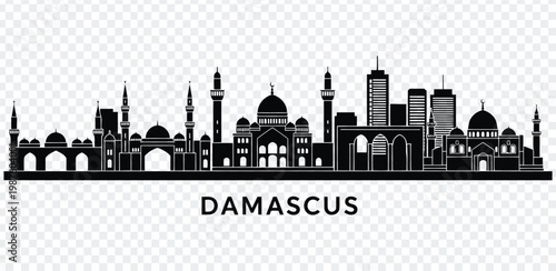 Black silhouette of damascus city skyline with mosques and buildings