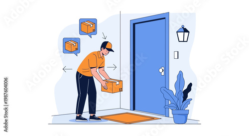 Delivery man placing package at door, contactless delivery, e-commerce shipping concept