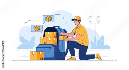 Delivery man packing parcels into a large backpack for express shipping service