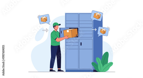 Delivery man placing package into smart locker, parcel delivery service concept