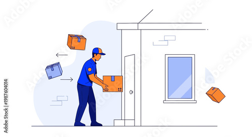 Delivery man placing package at doorstep, courier service, logistics, shipping, e-commerce concept