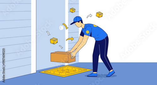 Delivery man placing package on doorstep, contactless delivery concept