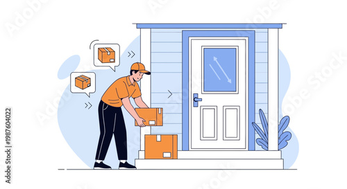 Delivery man placing packages on doorstep, contactless delivery concept