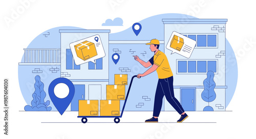 Delivery man pushing cart with packages through residential area with map pins